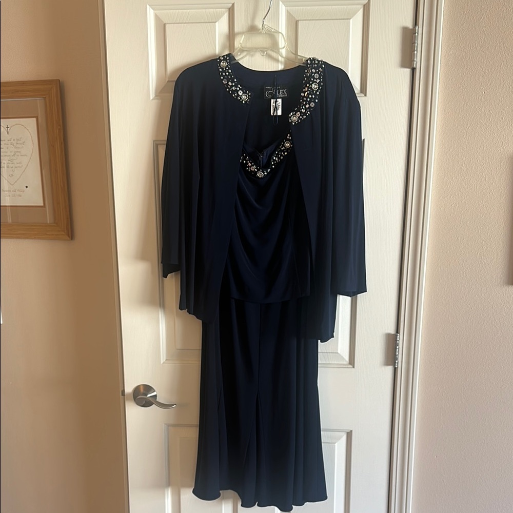 Alex Evenings Blue Cowl Neck Long Sleeve Gown